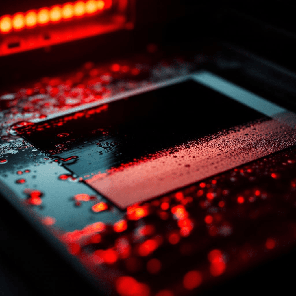 A photographic print half-developed in a tray, partial image emerging